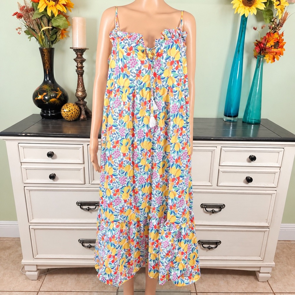 J Crew Fruit Print Maxi Dress Women Lemon Floral Coastal Resort Vacation Boho